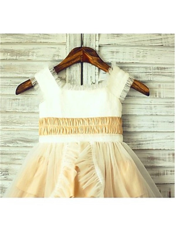 A-line/Princess Square Tea-Length Satin Layers Sleeveless Flower Girl Dresses