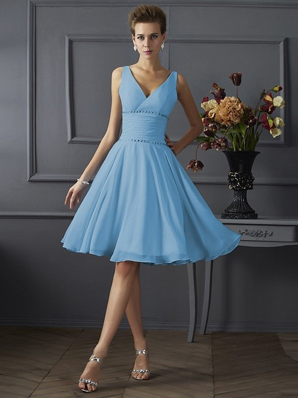 A-Line/Princess V-neck Short Pleats Sleeveless Chiffon Bridesmaid Dresses