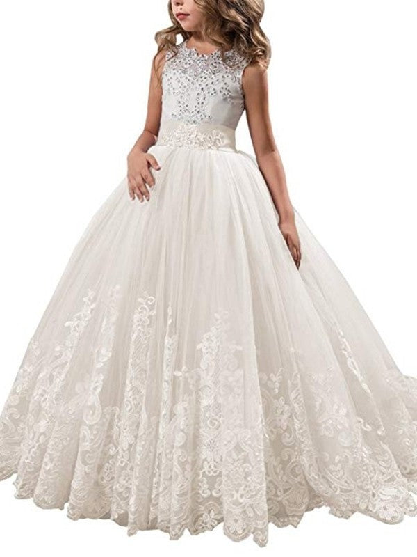 Gown Jewel Train Tulle Sleeveless Ball Lace Sweep/Brush Flower Girl Dresses