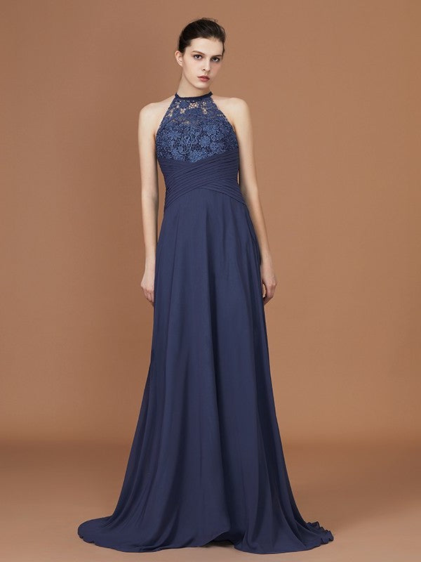 Train Sleeveless Chiffon Scoop Sweep A-Line/Princess Lace Bridesmaid Dress