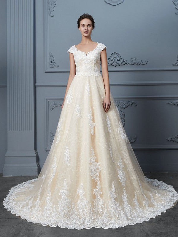 Sweetheart Gown Ball Court Sleeveless Train Beading Lace Wedding Dresses