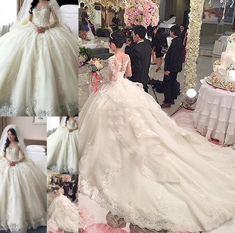 Train Gown Long Sleeves Scoop Cathedral Lace Ball Applique Tulle Wedding Dresses