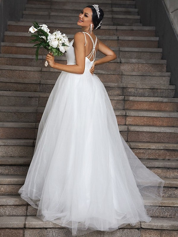 V-neck Sweep/Brush Ruffles Tulle Sleeveless A-Line/Princess Train Wedding Dresses