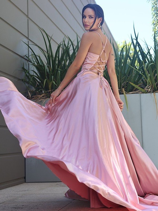 like Sleeveless V-neck Silk Ruffles Satin A-Line/Princess Sweep/Brush Train Dresses