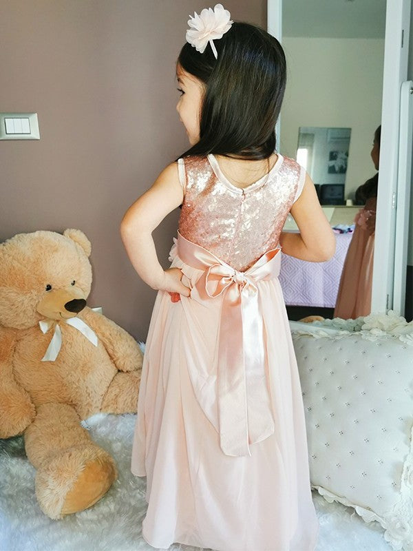 Chiffon A-Line/Princess Scoop Sequin Floor-Length Sleeveless Flower Girl Dresses