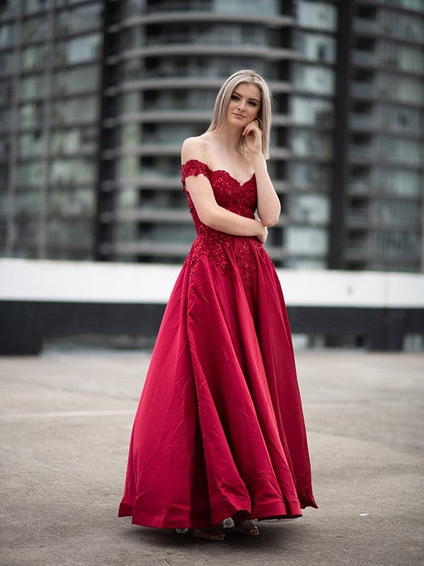 Off-the-Shoulder Satin Ball Applique Gown Sleeveless Floor-Length Dresses