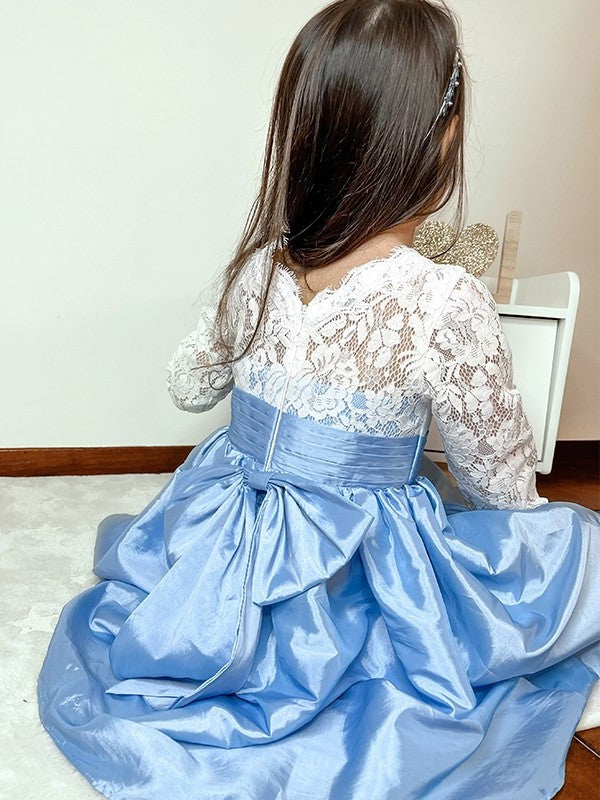 Knee-Length A-Line/Princess Scoop 3/4 Lace Taffeta Sleeves Flower Girl Dresses