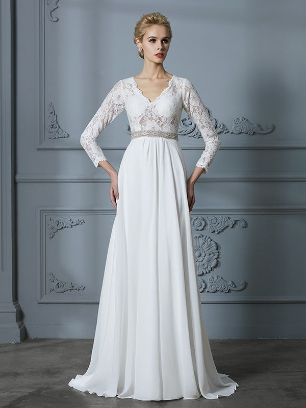 Sweep/Brush A-Line/Princess V-neck Lace Sleeves 3/4 Train Chiffon Wedding Dresses