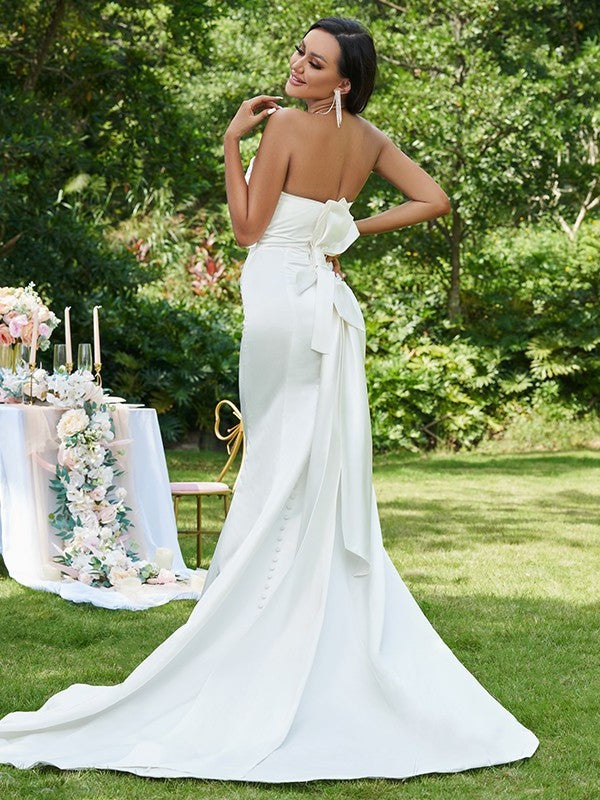 Sleeveless Sweep/Brush Strapless Satin Ruched Trumpet/Mermaid Train Wedding Dresses