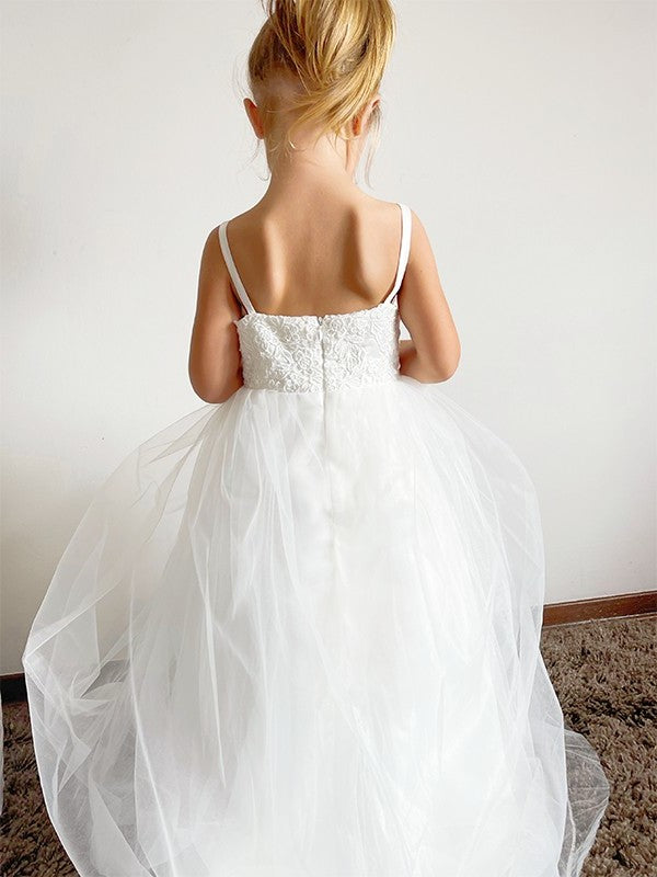 Lace Straps Gown Ball Sleeveless Floor-Length Tulle Flower Girl Dresses