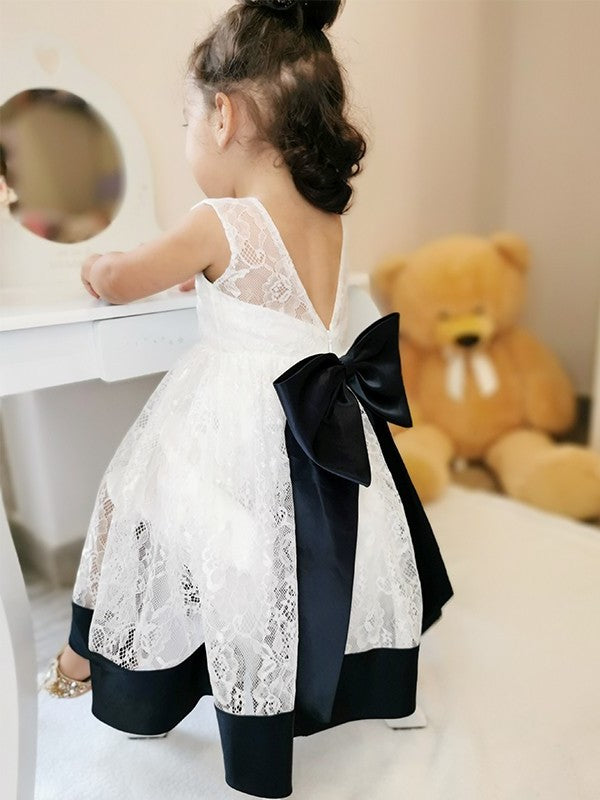 Scoop A-Line/Princess Bowknot Sleeveless Ankle-Length Lace Flower Girl Dresses