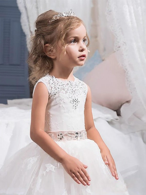 Gown Floor-Length Ball Jewel Tulle Crystal Sleeveless Flower Girl Dresses