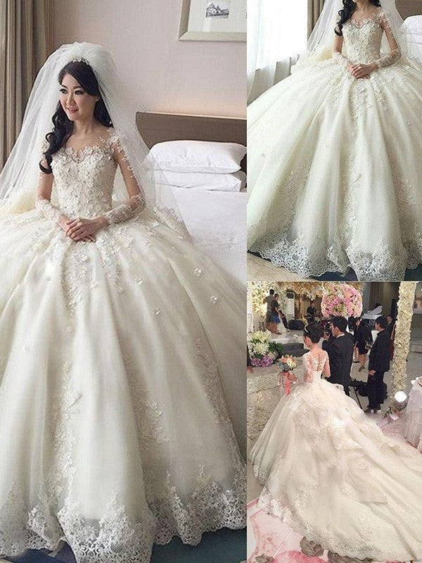 Train Gown Long Sleeves Scoop Cathedral Lace Ball Applique Tulle Wedding Dresses