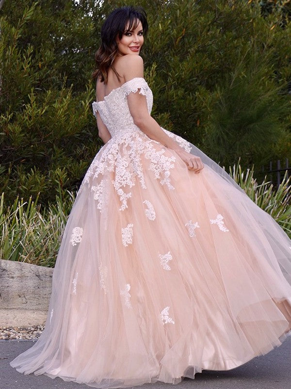 Off-the-Shoulder Applique Tulle A-Line/Princess Sleeveless Floor-Length Dresses