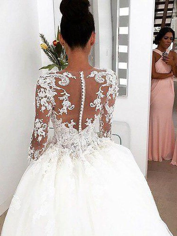 Sleeves Gown Long Train Scoop Court Ball Lace Wedding Dresses