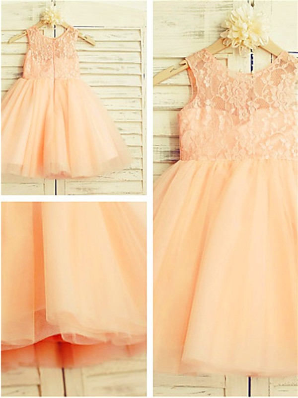 Tulle A-line/Princess Tea-Length Sleeveless Lace Scoop Flower Girl Dresses