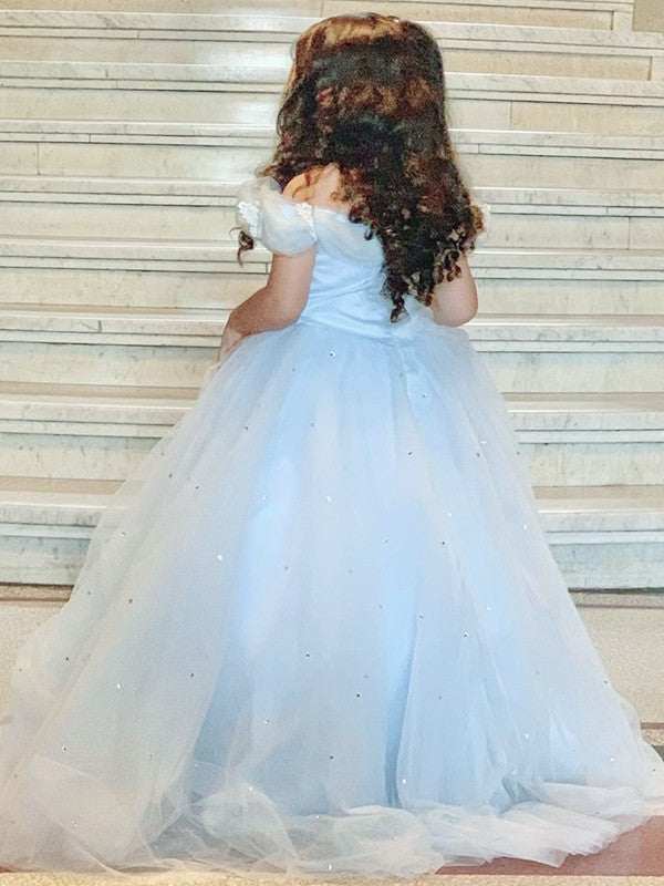 Tulle Rhinestone Ball Gown Off-the-Shoulder Floor-Length Sleeveless Flower Girl Dresses