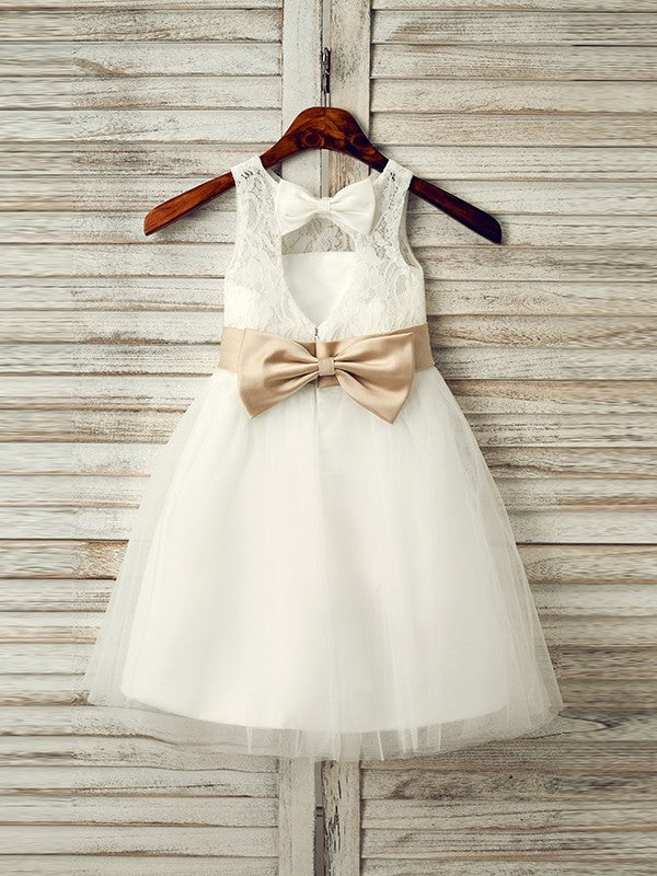 Tulle Bowknot Sleeveless A-Line/Princess Scoop Tea-Length Flower Girl Dresses