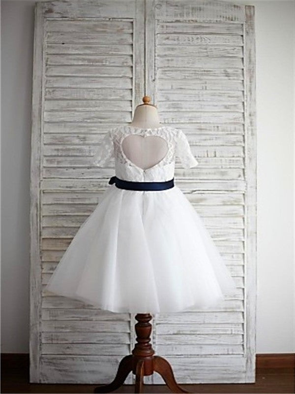 Tea-Length Scoop Tulle Sleeves A-line/Princess 1/2 Sash/Ribbon/Belt Flower Girl Dresses