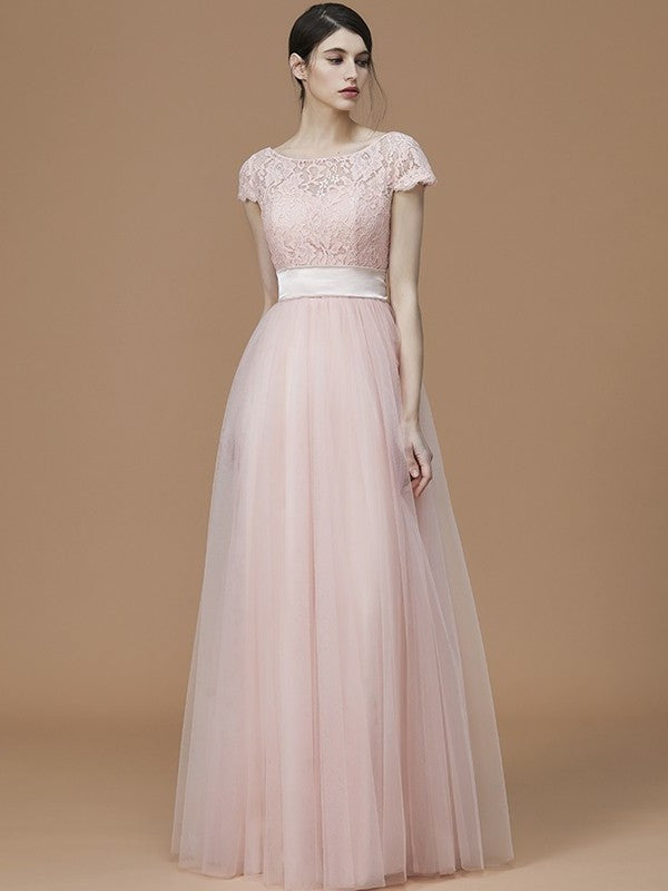 Sleeves Sash/Ribbon/Belt Short A-Line/Princess Bateau Floor-Length Tulle Bridesmaid Dresses