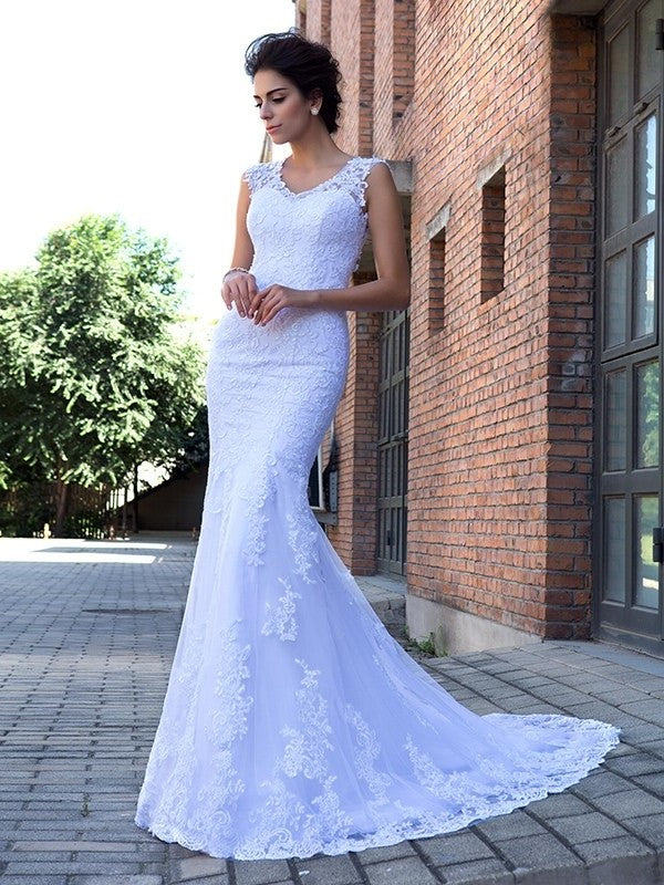 Trumpet/Mermaid V-neck Long Applique Sleeveless Satin Wedding Dresses