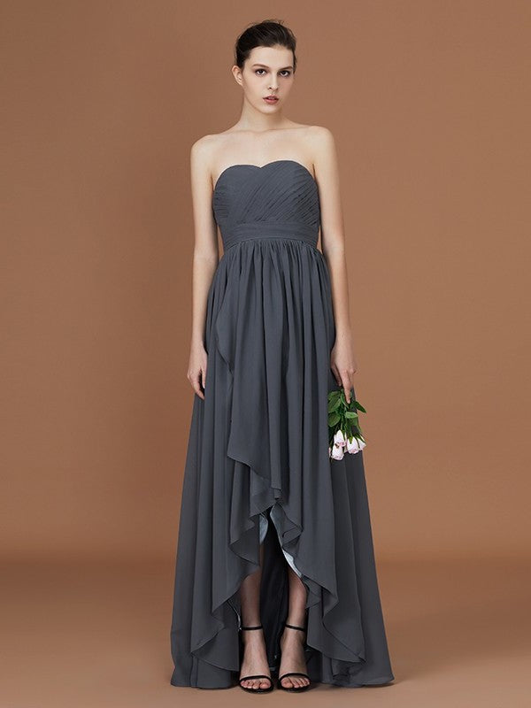 Asymmetrical A-Line/Princess Sleeveless Ruched Sweetheart Floor-Length Chiffon Bridesmaid Dresses