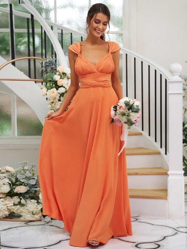 Ruched Jersey Sleeveless A-Line/Princess V-neck Floor-Length Bridesmaid Dresses