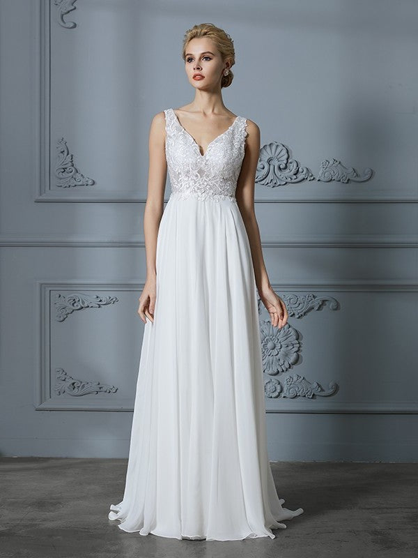 Train A-Line/Princess Sleeveless V-neck Sweep/Brush Chiffon Wedding Dresses