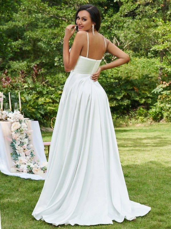 Straps Sleeveless Satin Sweep/Brush Spaghetti A-Line/Princess Ruffles Train Wedding Dresses