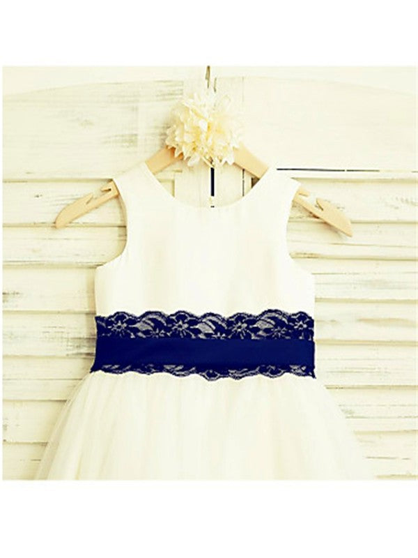 Lace Tulle Sleeveless A-line/Princess Scoop Tea-Length Flower Girl Dresses