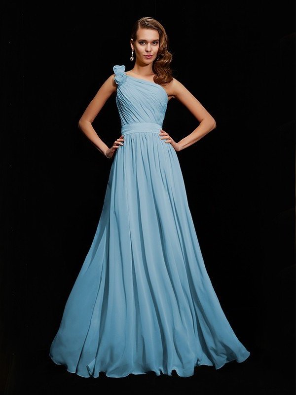 Flower Sleeveless A-Line/Princess One-Shoulder Hand-Made Long Chiffon Bridesmaid Dresses