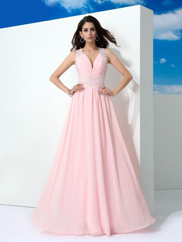 Beading A-Line/Princess Sleeveless Straps Long Chiffon Dresses