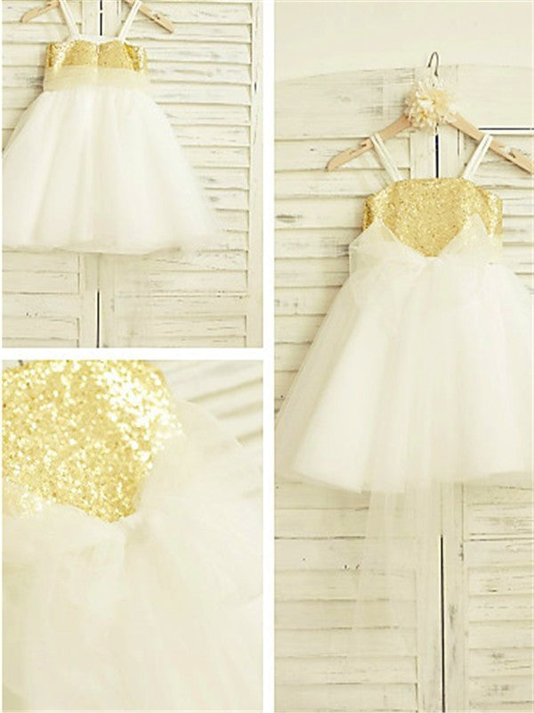 Tulle Sequin Spaghetti Sleeveless Tea-Length A-line/Princess Straps Flower Girl Dresses