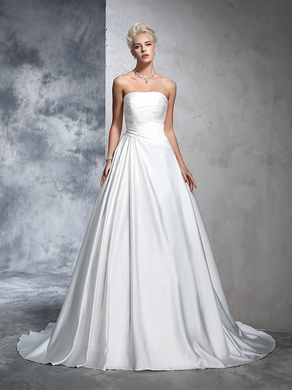 Strapless Gown Ruched Long Sleeveless Ball Satin Wedding Dresses