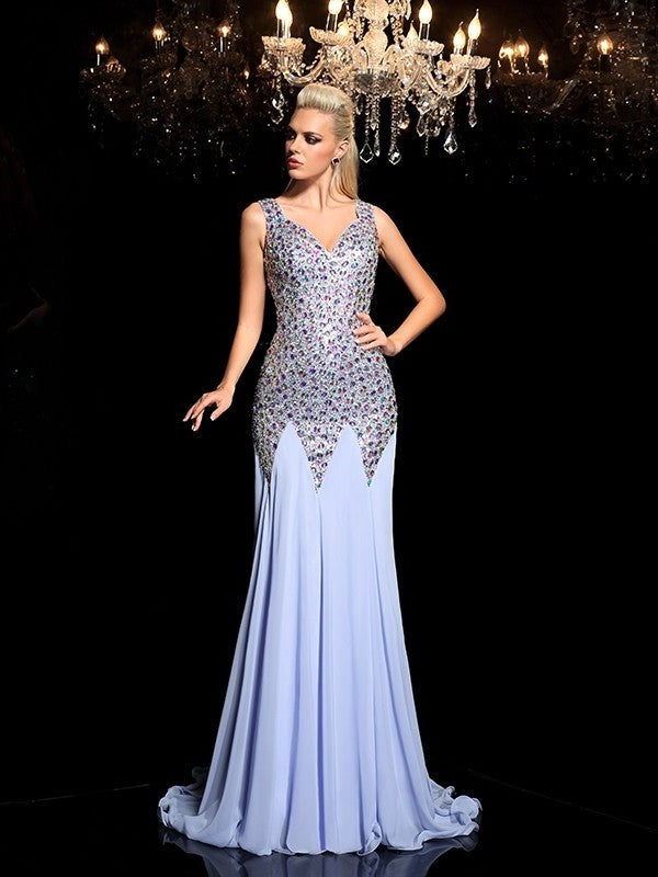 Rhinestone Sleeveless Sheath/Column Straps Long Chiffon Dresses