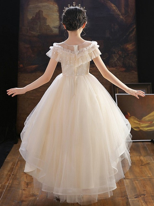 Tulle Sleeves A-Line/Princess Off-the-Shoulder Asymmetrical Applique Short Flower Girl Dresses