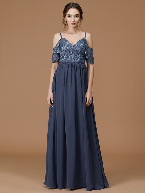 Straps Floor-Length A-Line/Princess Sleeveless Lace Spaghetti Chiffon Bridesmaid Dresses