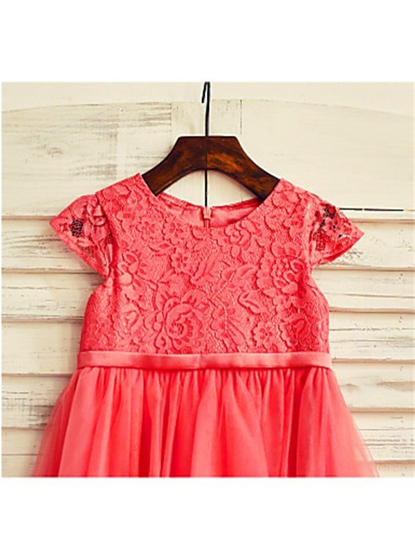 Tulle A-line/Princess Sleeves Tea-Length Scoop Lace Short Flower Girl Dresses