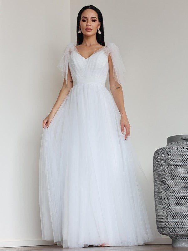 V-neck Sleeveless A-Line/Princess Ruffles Tulle Floor-Length Wedding Dresses