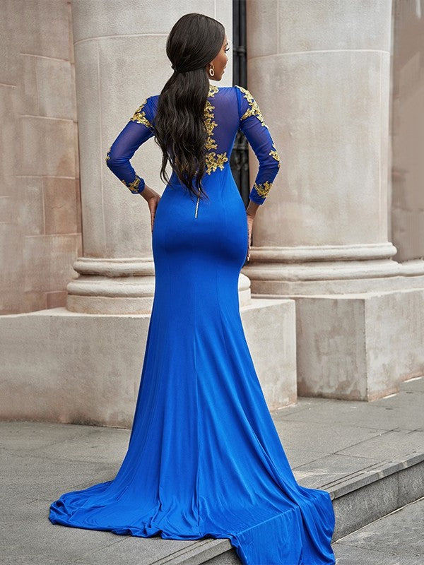 Sleeves High Neck Long Applique Trumpet/Mermaid Jersey Sweep/Brush Train Dresses