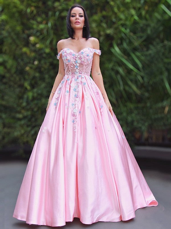 Applique Sleeveless Satin Off-the-Shoulder A-Line/Princess Sweep/Brush Train Dresses