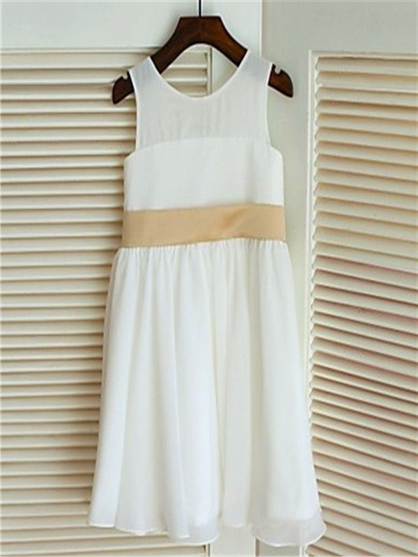 A-line/Princess Bowknot Scoop Tea-Length Sleeveless Chiffon Flower Girl Dresses