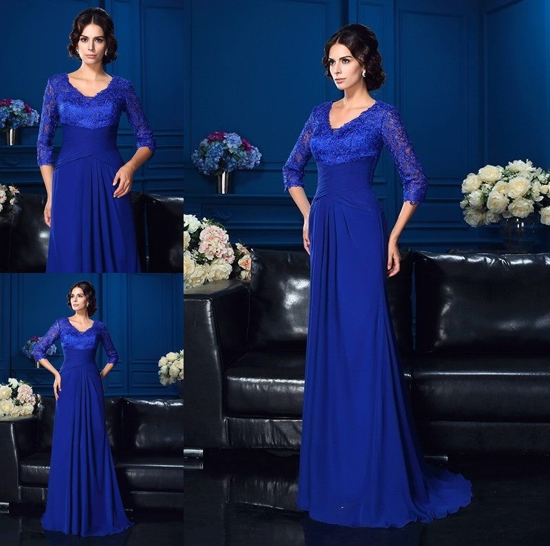 V-neck Sleeves Long Applique Chiffon A-Line/Princess of Mother 3/4 the Bride Dresses