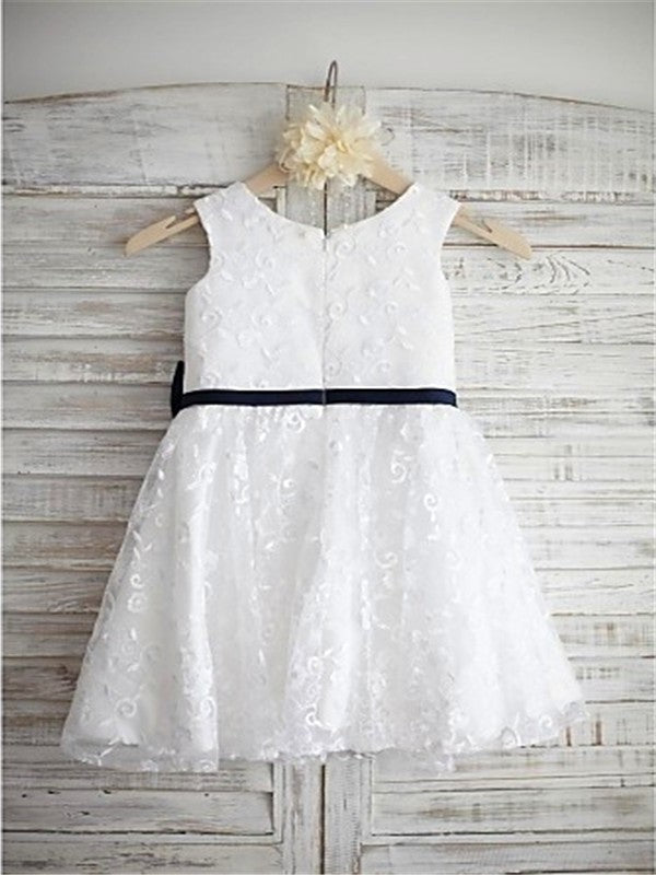 A-line/Princess Bowknot Lace Scoop Sleeveless Tea-Length Flower Girl Dresses