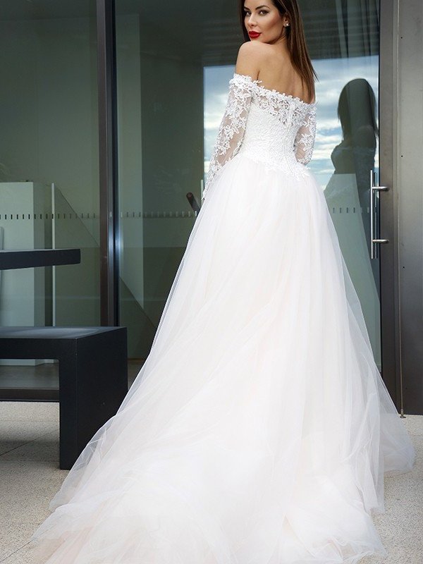 Tulle Long Sleeves Off-the-Shoulder A-Line/Princess Applique Court Train Wedding Dresses