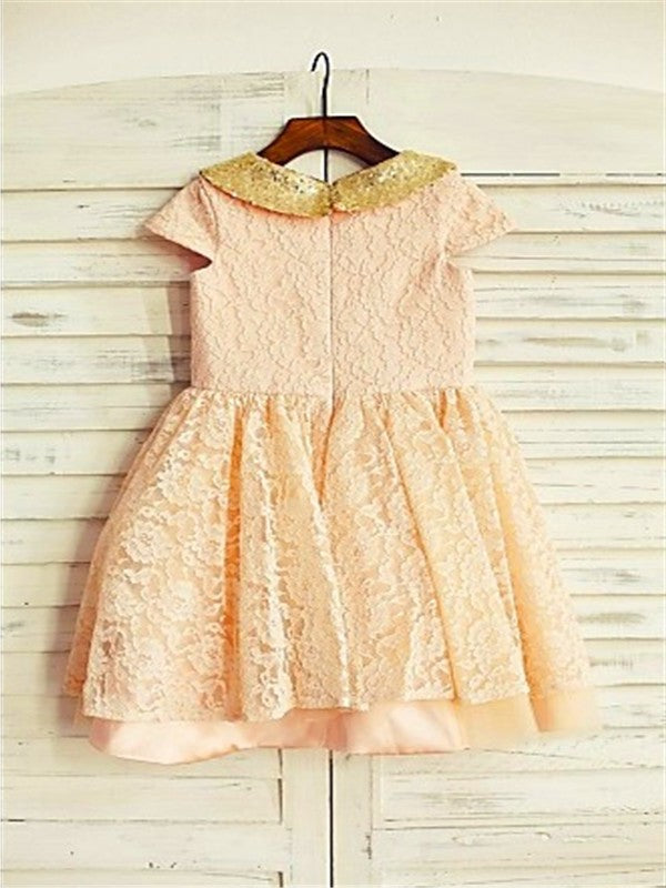 Tea-Length Short Lace Sequin Sleeves Scoop A-line/Princess Flower Girl Dresses