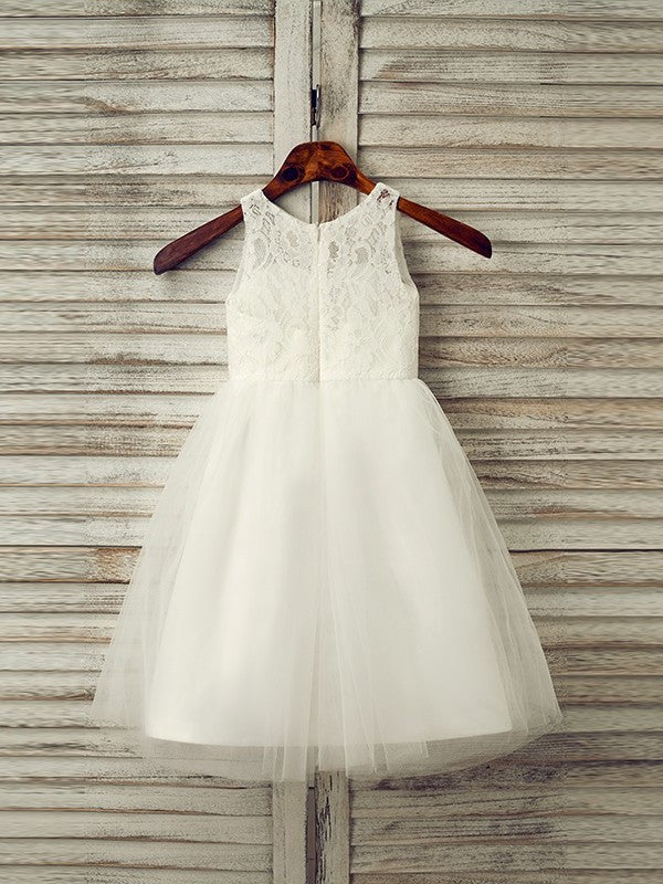 Tea-Length Sleeveless Lace Scoop A-Line/Princess Tulle Flower Girl Dresses