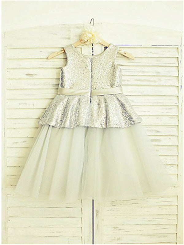 Scoop Sleeveless Tea-Length A-line/Princess Sequin Tulle Flower Girl Dresses