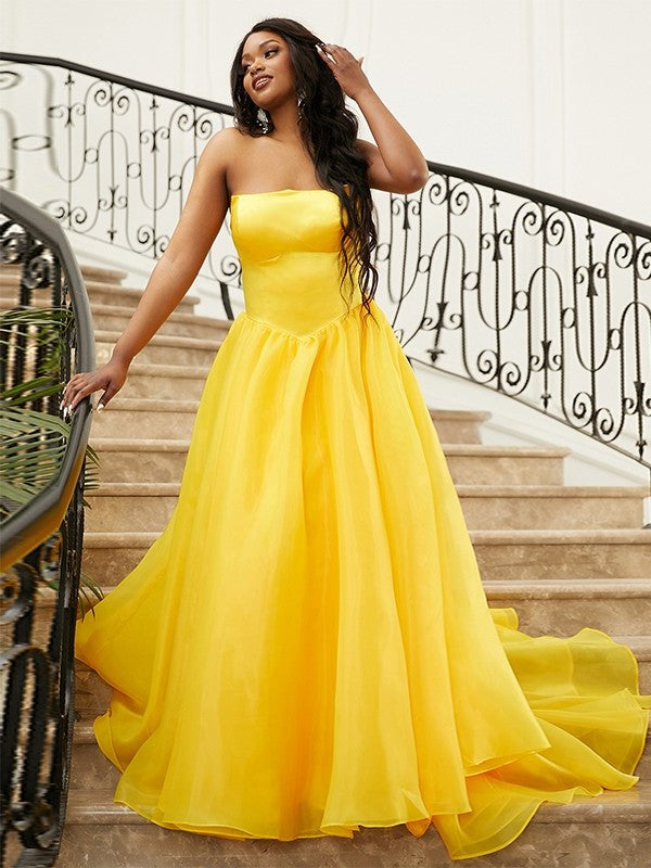 Strapless Satin Sleeveless A-Line/Princess Ruffles Sweep/Brush Train Dresses