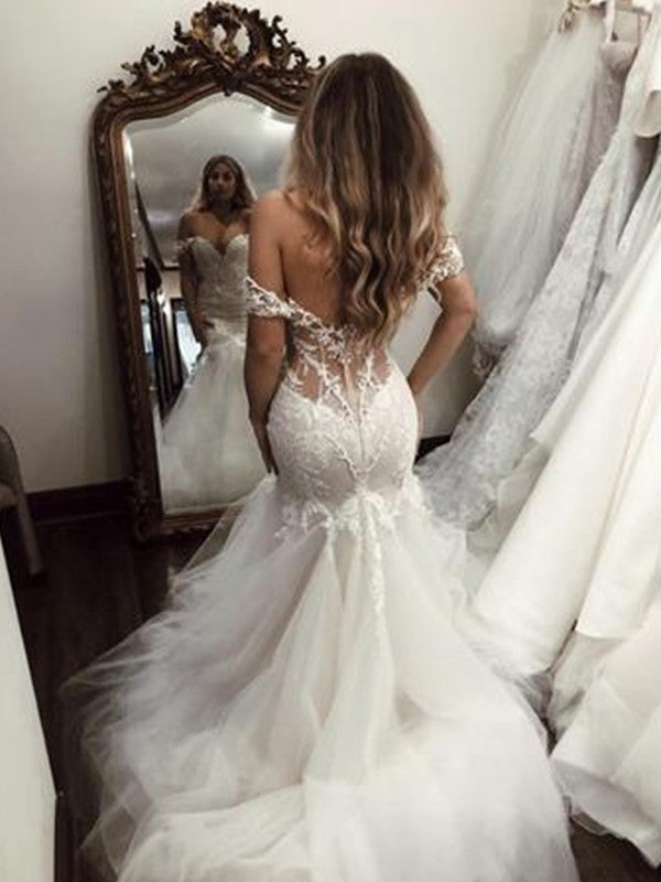 Tulle Trumpet/Mermaid Applique Off-the-Shoulder Sleeveless Sweep/Brush Train Wedding Dresses